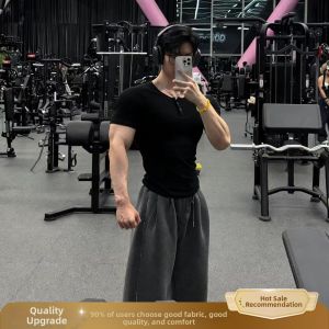 OUMULONG | Slimming Sleeve Henley Neck Summer Broad-shouldered Fitness T-shirt