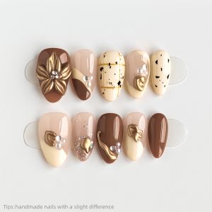 10pcs Handmade Brown Nude Gold Gel Flower Press on Nails Almond short Full Cover Wearable Reusable Luxury False Nails 2026