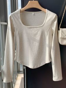 Square Collar Short Sleeve Cotton Polyurethane Elastic Fiber Womens T-Shirt New Spring Korean Style Slim Fit Base Shirt for Petite Women