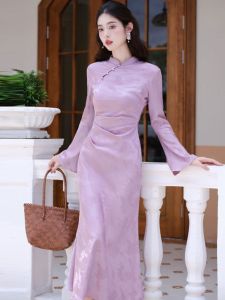 CHANGTONG | Retro Style Young Womens Cheongsam Dress New Chinese National Fashion High End Personality Long Sleeve Stand Collar Gown