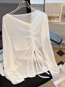 เสื้อยืดแขนยาวผู้หญิงไซส์ใหญ่ฤดูร้อน ผ้าบาง หลวมๆ ลำลอง ระบายอากาศได้ดี เสื้อคลุมกันแดด ผูกโบว์คอ ทรงหลวมๆ สไตล์เกาหลี