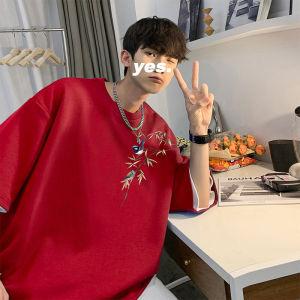 New Chinese Style Mens T-Shirt Short Sleeve round Neck Summer New Pattern Print Design Loose Versatile Trendy Cotton Polyester Blend