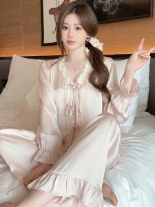 Bộ Đồ Ngủ Ren Lụa Băng Dài Tay Quần Dài Mùa Hè Phong Cách Pháp Ngọt Ngào Dễ Thương Cao Cấp Mặc Nhà