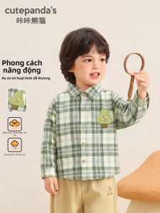 CUTEPANDAS | Áo Sơ Mi Bé Trai Vải Cotton Thuần Họa Tiết Kẻ Caro Phong Cách Preppy Hình Hoạt Hình