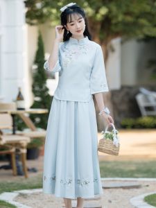 New Chinese Style Zen Tea Ceremony Womens Cheongsam Dress Tang Suit Two-Piece Set Traditional Hanfu Clothing Modern Interpretation