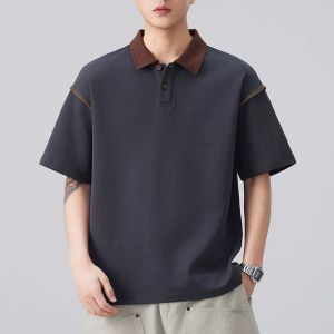 Deep Grey American Street Style Collar Thin Polo Shirt