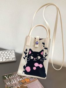 Korean Style Cute Mini Knitted Mobile Phone Bag Heart Shaped Portable Handbag Contrast Color Small Bag for Outdoor Use