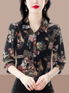 High-End Brand Womens Shirt Floral Print Three-Quarter Sleeve Stylish Summer Large Size Straight Cut Korean Style Commute