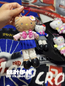 Handmade Black Leather Long Legged Kitty Plush Toy Keychain Bag Accessory School Uniform Style Fall Leaf Design