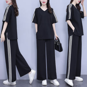 plus Size Casual Sportswear Set Women Summer New Loose Slimming Wide Leg Pants Fashionable Two Piece Set Polyester Fiber