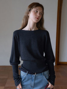 French Vintage Deep Grey Off-Shoulder Knitted Base Shirt Womens Autumn Winter Slimming Lantern Sleeve Top Soft Korean Style