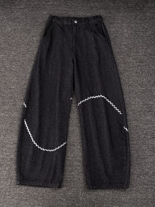 กางเกงยีนส์ทรงหลวมขาบานสีดำสำหรับผู้ชายและผู้หญิง ทรงลำลอง กางเกงขายาวทรงหัวเข็มขัด ปักลายดีไซน์เก๋ไก๋ กางเกงยีนส์ทรงหัวเข็มขัดสำหรับวัยรุ่น