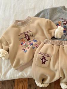 Thickened Fleece Childrens Cartoon Bear Two-Piece Set Baby Hoodie Pants Trendy Kids Ensemble Winter 2025 Long Sleeve Rabbit Fur