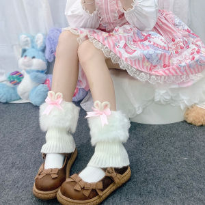 Japanese Style Womens Winter Thickened Fleece Boot Socks Pure Color Sweet Rabbit Ear Knitted Ankle Warmers Soft Girl Lolita Foot Covers