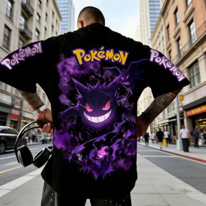 Bandai | Mens T Shirt Sports T Shirt Short Sleeve T Shirt Pokemon Gengar Back Print Purple Ghost Red Eyes Sharp Teeth Smoke Effect