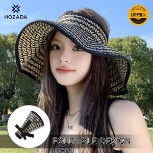 HOZADA Women Sun Cap Sun Shade Hat Foldable Empty Top Hat Casual Knitted Sun Hats Portable Beach Cap Large Brim Cap Sun Protection Cap UV Protection Straw Hats With Windproof Rope for Outdoor Travel