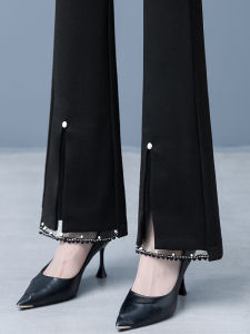 High Waist Flared Pants Womens Suit Pants Black Lace Trimmed Split Casual Long Trousers Korean Style Commute Simple Design