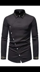 Áo sơ mi áo sơ mi nam dài tay thiết kế khuy chéo độc đáo kèm thêu hoa văn cổ áo tay tạo điểm nhấn cho chiếc áo N27