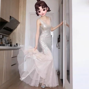 Elegant White Sequin Evening Dress Womens High-End Luxury Tailored Fish Tail Gown Birthday Party Celebration Cocktail Dress