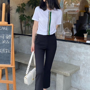Pure Cotton Short Sleeve T-Shirt Womens round Neck Color Block Top Commute Style Summer Fashion Straight Cut Cotton Tee