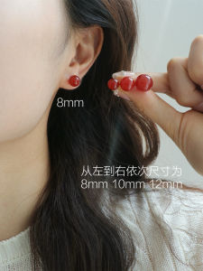 Red Agate Earrings S925 Pure Silver White Enhancing Multiple Sizes 8mm 10mm 12mm Korean Style Fashion Jewelry for Women