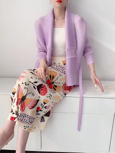 Miyake pleated casual cardigan jacket with waist cinched and three quarter sleeve tops for women