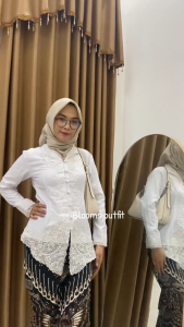 Kebaya Encim Putih Senada Tangan Panjang Katun Premium