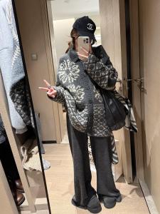 Deep Grey Knitted Open Cardigan Womens Loose Lazy Style College Atmosphere Sweater Coat Soft Thick Long Sleeve Floral Pattern