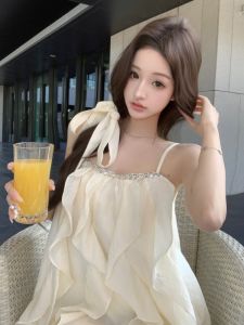 GUZILIAN | ชุดเดรสสายเดี่ยวสีน้ำเงินครึ่งตัวสไตล์ฝรั่งเศส ทรงหลวม แขนกุด กระโปรงสั้นทรงเอ สำหรับผู้หญิงในฤดูร้อน