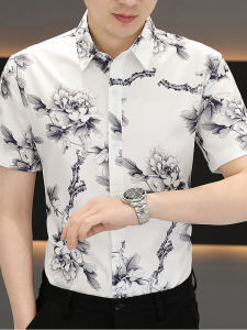 Summer New Mens Short Sleeve Shirt Korean Style Slim Fit Thin Print Casual Handsome Checkered Shirt Polyester Nylon Composite Fiber