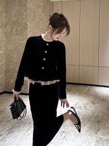 Elegant Two-Piece Effect French Designed Black Velvet Dress