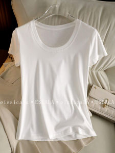 U-Neck Silk Lyocell Linen Cotton Slimming Short Sleeve T-Shirt Womens Top Small Shirt Ceiling Good Goods Cool Feeling Summer Wear