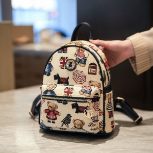 Casual Travel Canvas Backpack Womens Versatile Quality Bear Cartoon Print Double Shoulder Bag Leisure Travel Backpack