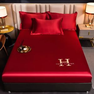 Luxury Satin Fitted Sheet Embroidered Solid Color Mattress Cover with Elastic Band Bed Sheet Bed Linen High-end Rayon Bedsheet