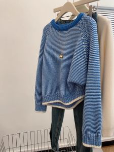 Soft Cozy Klein Blue Striped Overhead round Neck Sweater Womens Small Size Can Be Worn outside as a Base Layer Inner Match Long Sleeve