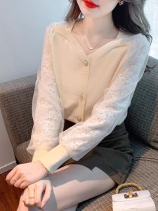 WANGGONGZHU | เสื้อเชิ้ตคอเหลี่ยมลูกไม้สไตล์เกาหลีสำหรับผู้หญิง ฤดูใบไม้ผลิและฤดูใบไม้ร่วง 2025 ทรงหลวม สีสันสดใส ดีไซน์เก๋ไก๋ เสื้อเชิ้ตลูกไม้