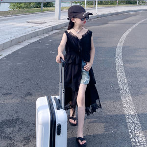 Girls Lace Trim Long Dress Korean Style Layered Wear Open Split Skirt Summer Fashionable Strap Vest Dress Childrens Clothing