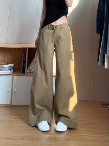 American Retro Khaki Wide Leg Jeans Womens Small Size High Waist Loose Slimming Workwear Trousers Autumn Commute Anti-Wrinkle
