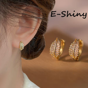 Stylish Gold Leaf Small Hoop Earrings for Women Exquisite Shiny Rhinestone Earring Buckle Trendy Daily Accessories