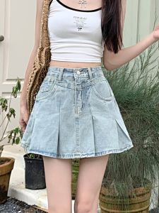 Slimming High Waist Denim Mini Skirt for Women Summer New Style Large Size A-Line Pleated Short Skirts Korean Style Commute