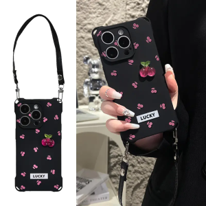 FullScreen Red Cherry Phonecase for  Huawei OPPOL noonX Series Womens Model Simple Antifall with Lanyard Silicone Material