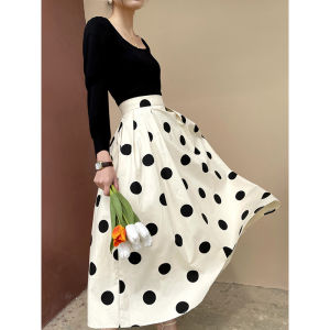 French Polka Dot A-Line Midi Skirt Womens Summer New Two-Piece Set High Waist Long Skirt Commute Style Polyester Viscose
