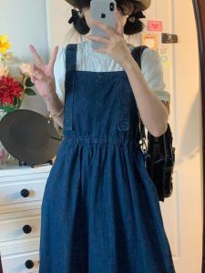 K-style Preppy Style Small Retro Slimming Denim Brace Dress Womens Bandage Dress Short-Sleeved White Shirt Two-piece Set