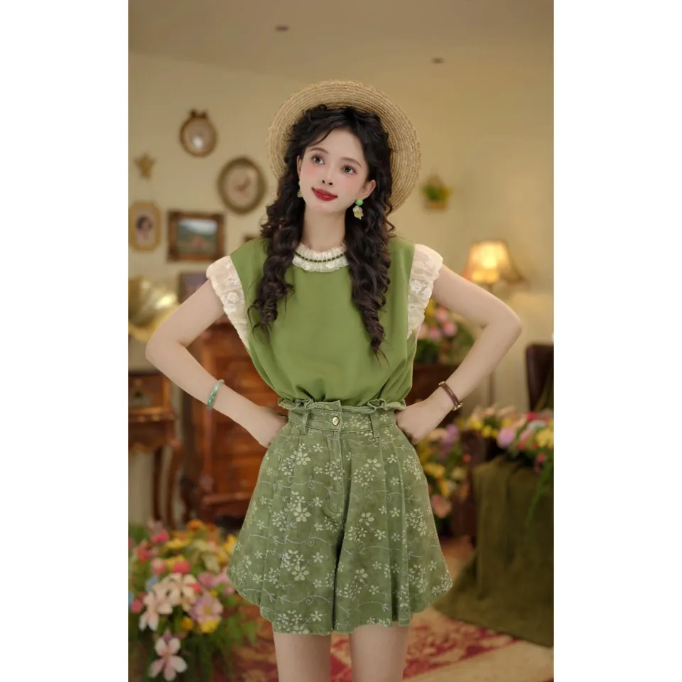 Shalldoer College Style Women's Summer Round Neck Ruffle Splice