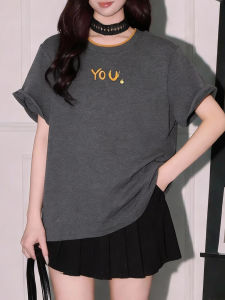 QINGNAER | Letter Print Round Neck Loose Casual T-Shirt