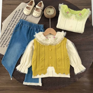 XBABY CLOTHES Setelan 3in1 Rompi Rajut Anak Perempuan Lengan Panjang Katun Celana Soft Jeans Korean Style Usia 1-4 Tahun