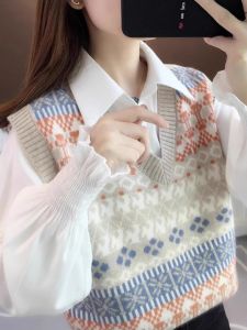 New 2025 Womens Knitted Cashmere Vest Top Set Outerwear Inner Wear Layering Spring Autumn Warmth V-neck Long Sleeve Loose Fit