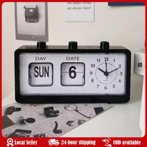Vintage Retro Quartz Alarm Clock Flip Calendar Display Clock Day Date Time Display Clock for Home Bedroom Decoration Electronic Manual Page-flipping Calendar Clock Date Week Desktop Display Mechanical Alarm Clock Multifunctional Vintage