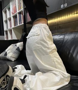 American Retro Parachute White Cargo Pants Womens Summer High Waist Loose Leisure All-Matching Drawstring Ankle-Tied Straight-Leg Trousers