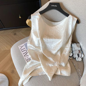 Elegant Thin Acetate Folded Sleeveless Vest for Women Autumn New Style Commute Style Regular Length Pure Color Straight Cut